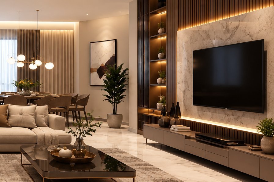 Finished living room with marble TV wall, cove lighting and dining area