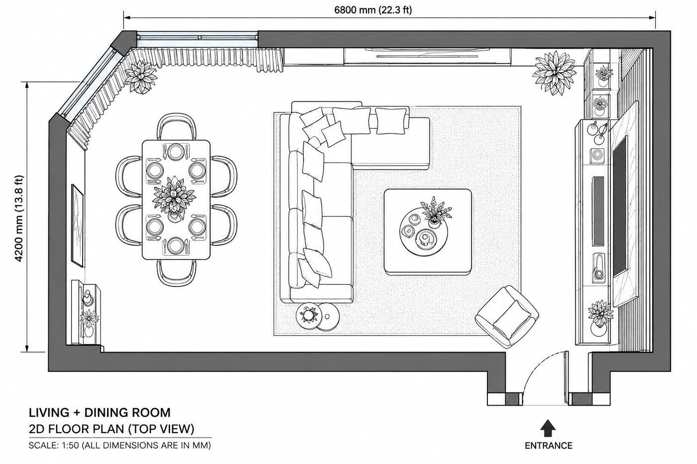 2D sketch floor plan of a living and dining room