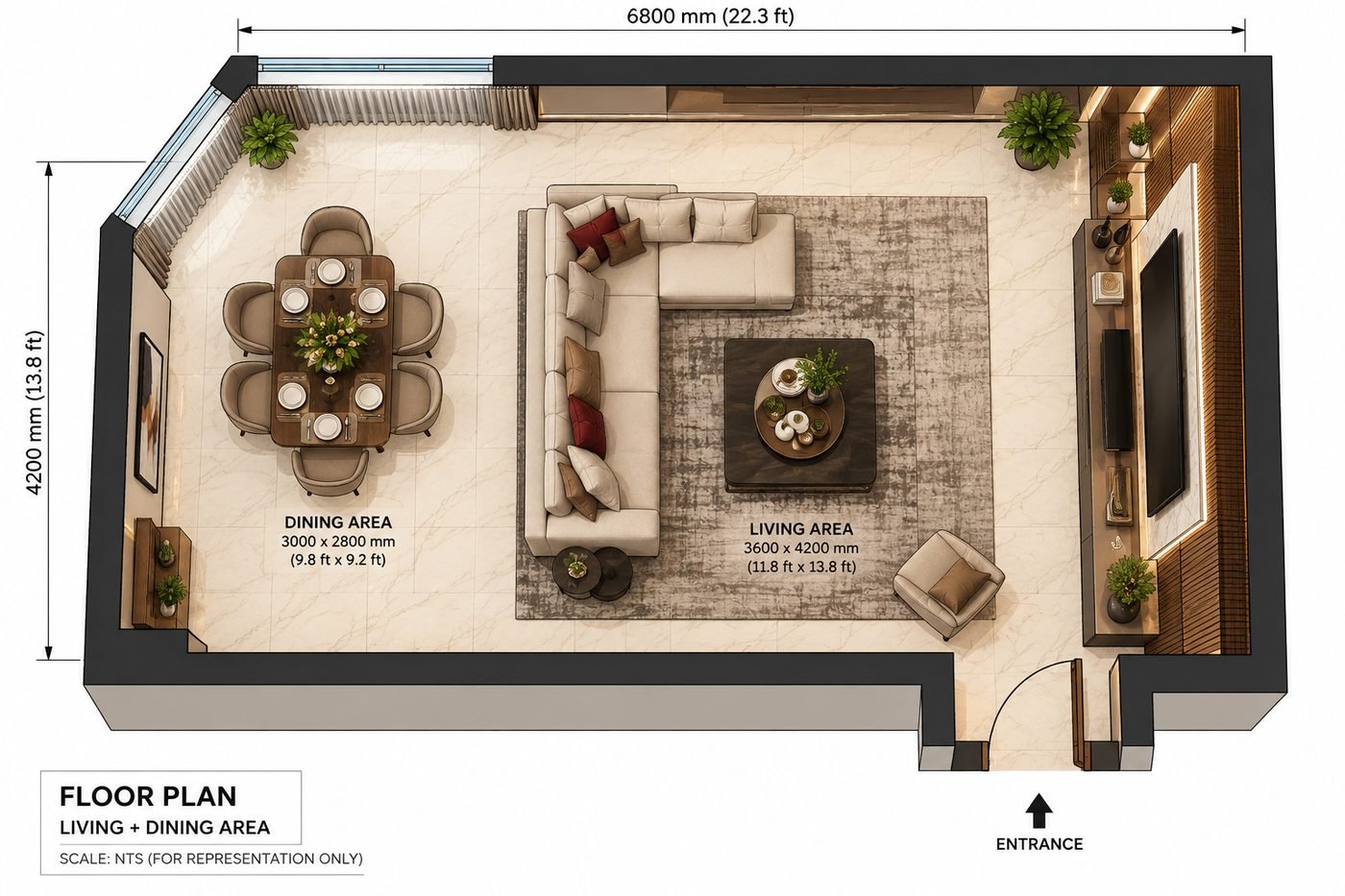 Rendered 2D floor plan with marble floor, sofa, dining table and TV wall